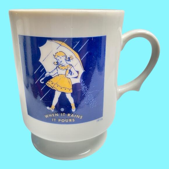 Vtg Set Of 4 Morton Salt Girl Pedestal Coffee Mug Cups When it Rains It Pours - Picture 6 of 15